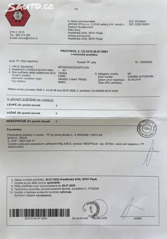 Ford Grand C-MAX, 1.0 EcoBoost 74 kW 1. majitel