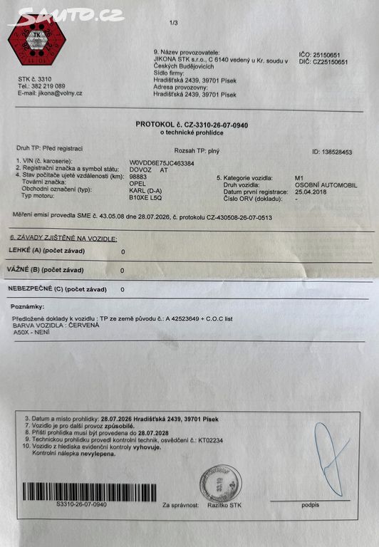 Opel Karl, 1.0 55 kW 1.majitel