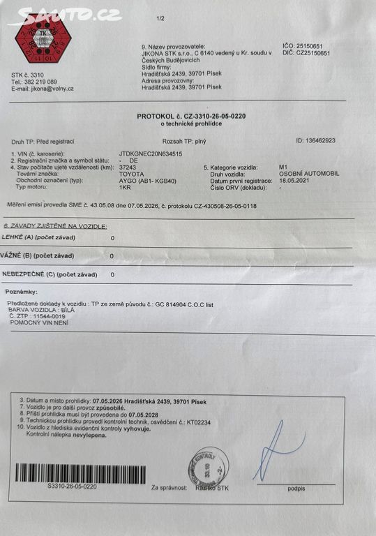 Toyota Aygo, 1.0 53 kW plná ser.historie