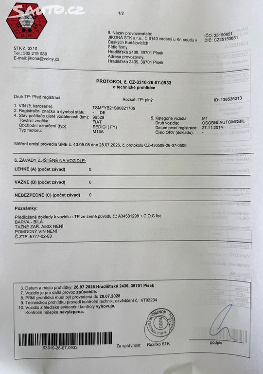 Fiat Sedici, 1.6 88 kW 1.majitel